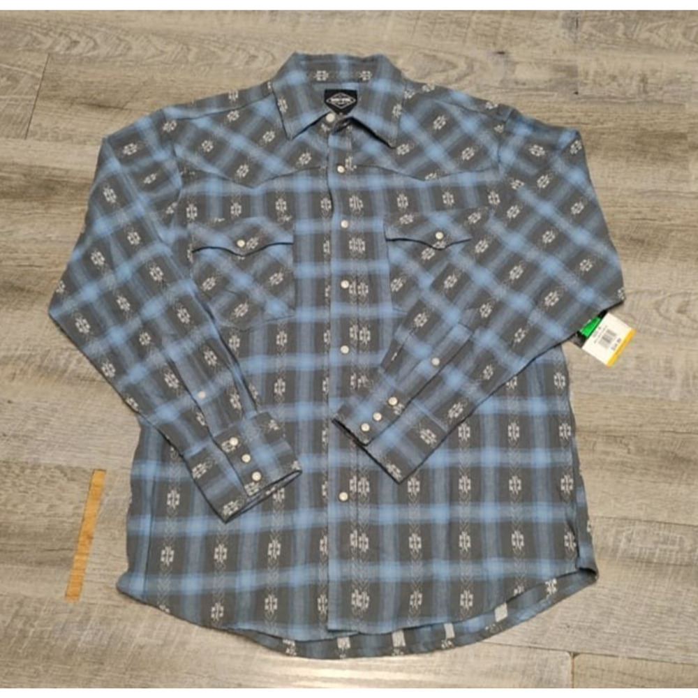 Work n' Sport Shirt Men's Long Sleeve Pearl Snap Up Plaid Blue, Gray, Medium
